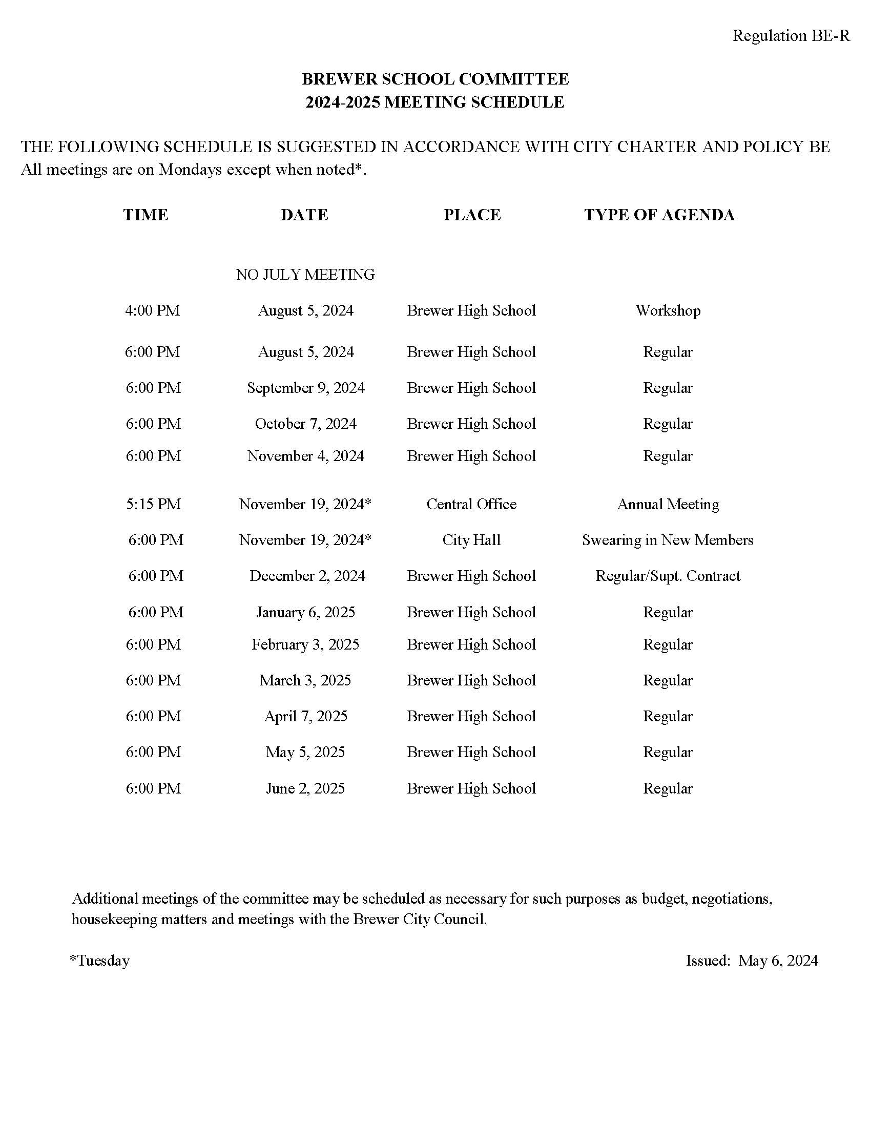 20242025 School Committee Meeting Schedule Brewer School Department