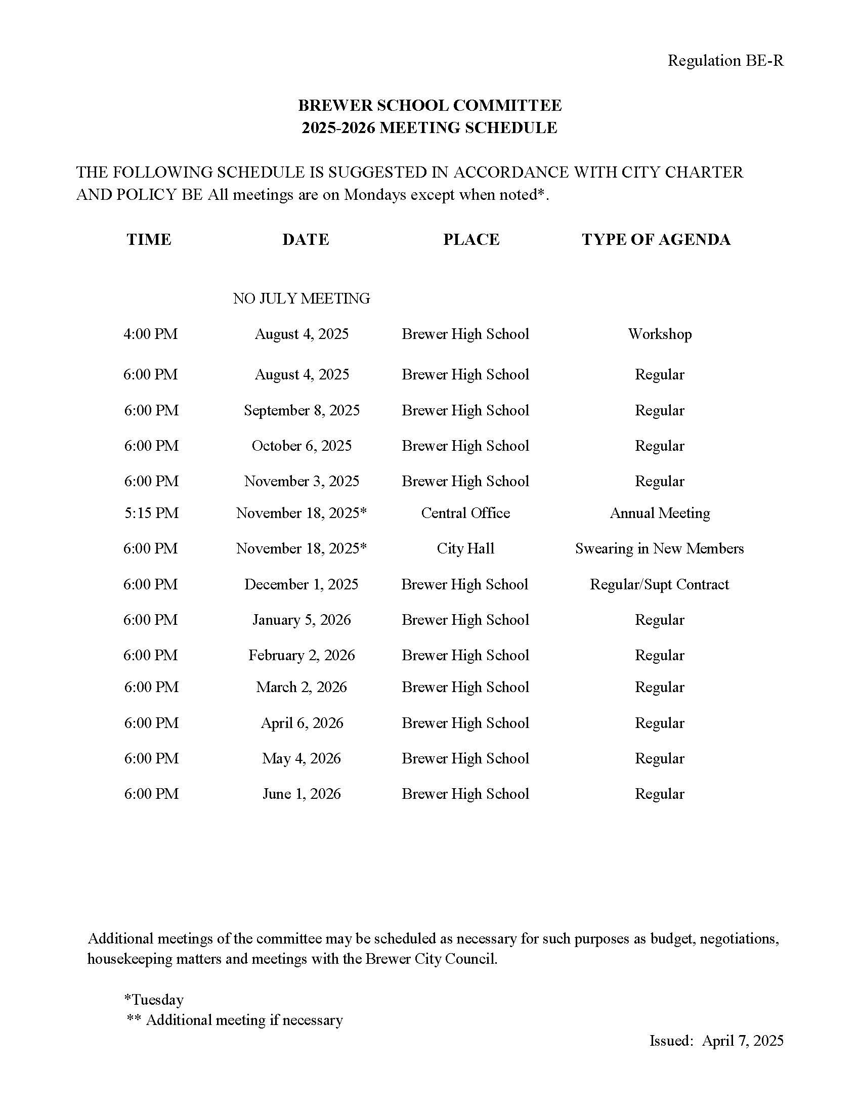School Committee Meeting Schedule