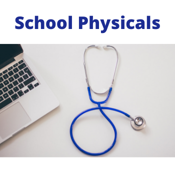 A stethoscope lies next to a laptop, with the text 'School Physicals' prominently displayed above.
