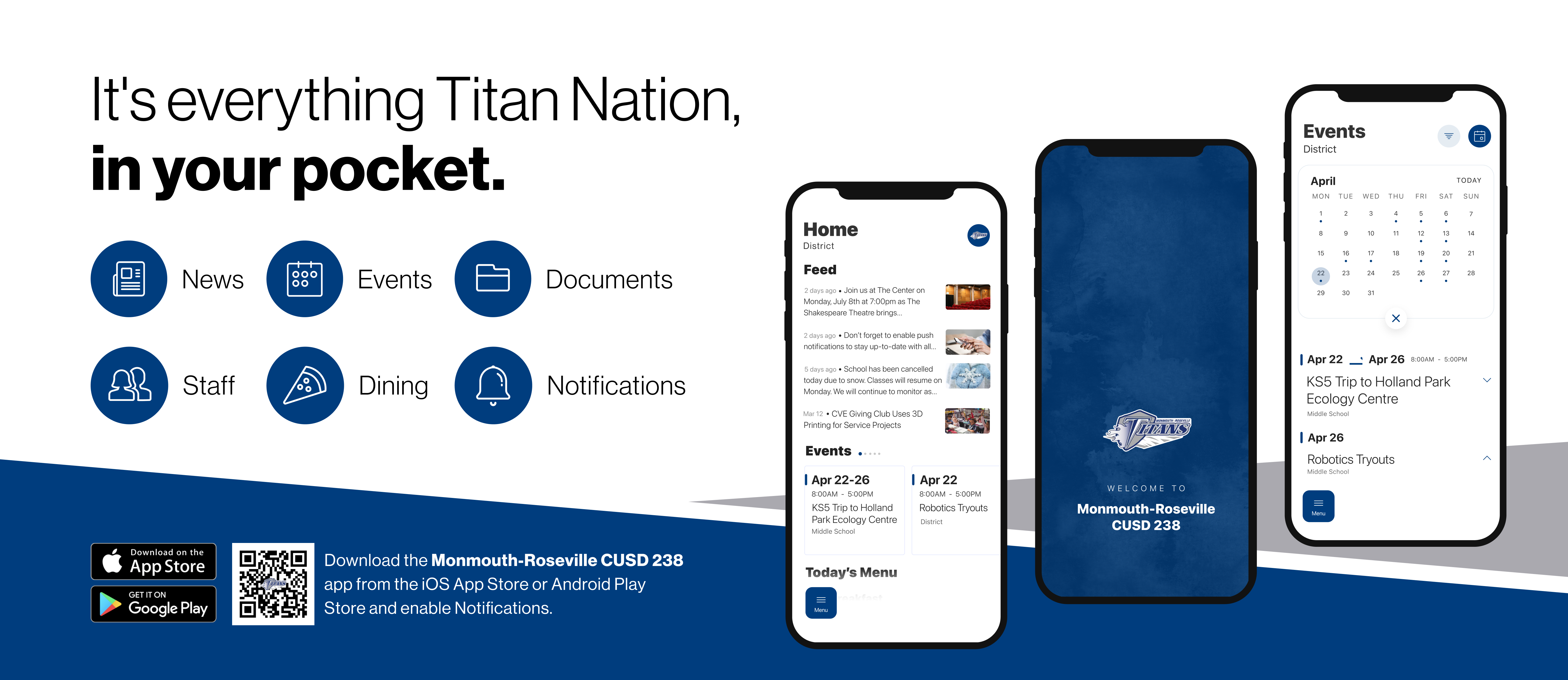 Marketing for new app with qr code: Download the Monmouth-Roseville CUSD 238 app from the iOS App Store or Andriod Play Store and enable notifications
