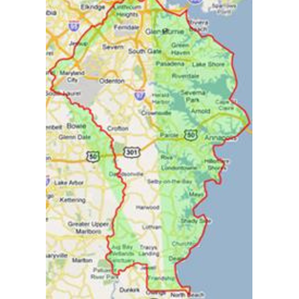 Map outline for Anne Arundel County denoting the boundaries for student attendance