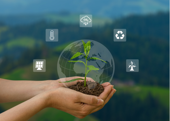 Hands holding plant with environmentally-friendly icons around it