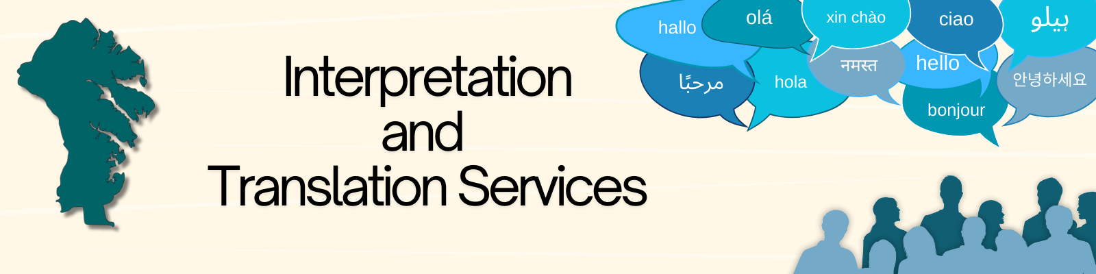 Interpretation and Translation Services. Image with talk bubbles and people