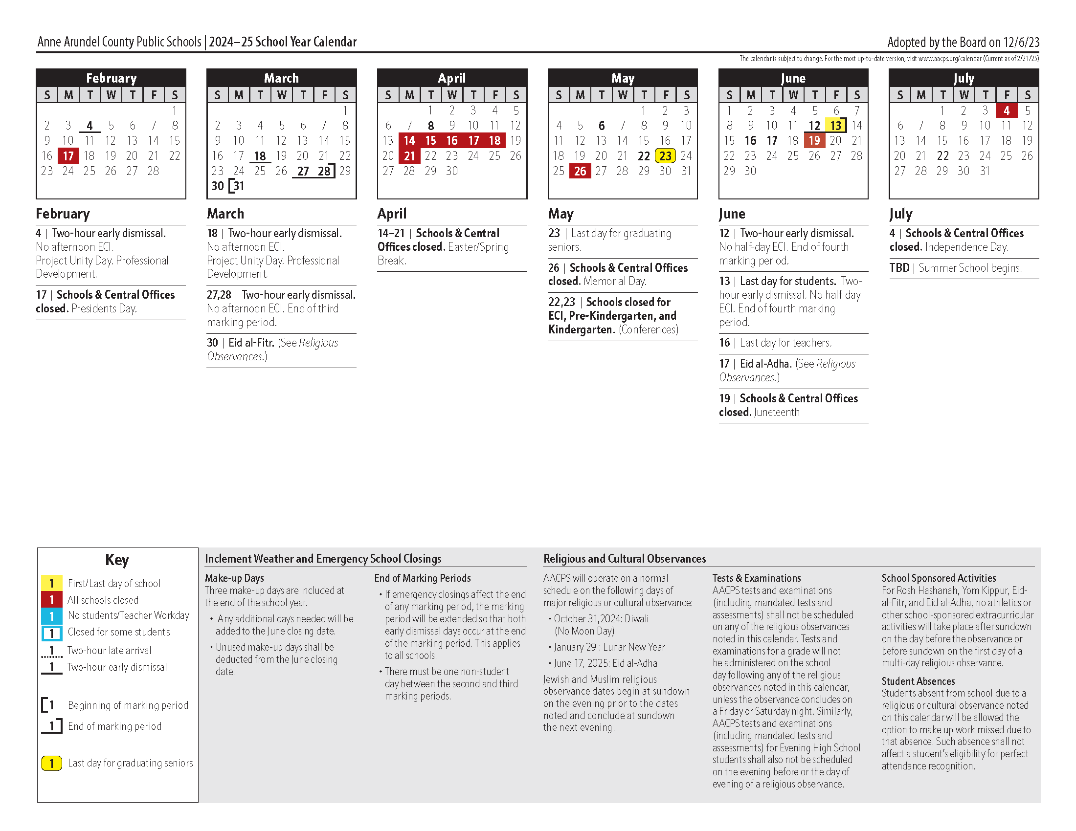 Image of School Year Calendar page 2 February-July.  PDF available at : https://5il.co/2kdmg