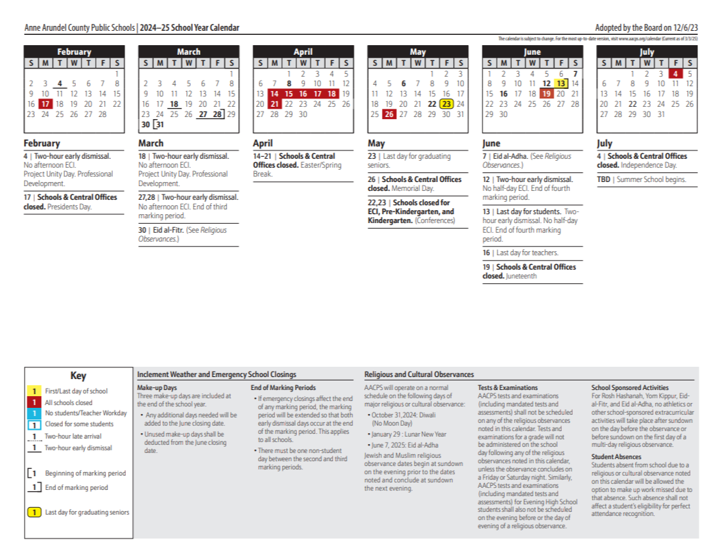 Image of School Year Calendar page 2 February-July.  PDF available at : https://5il.co/2kdmg