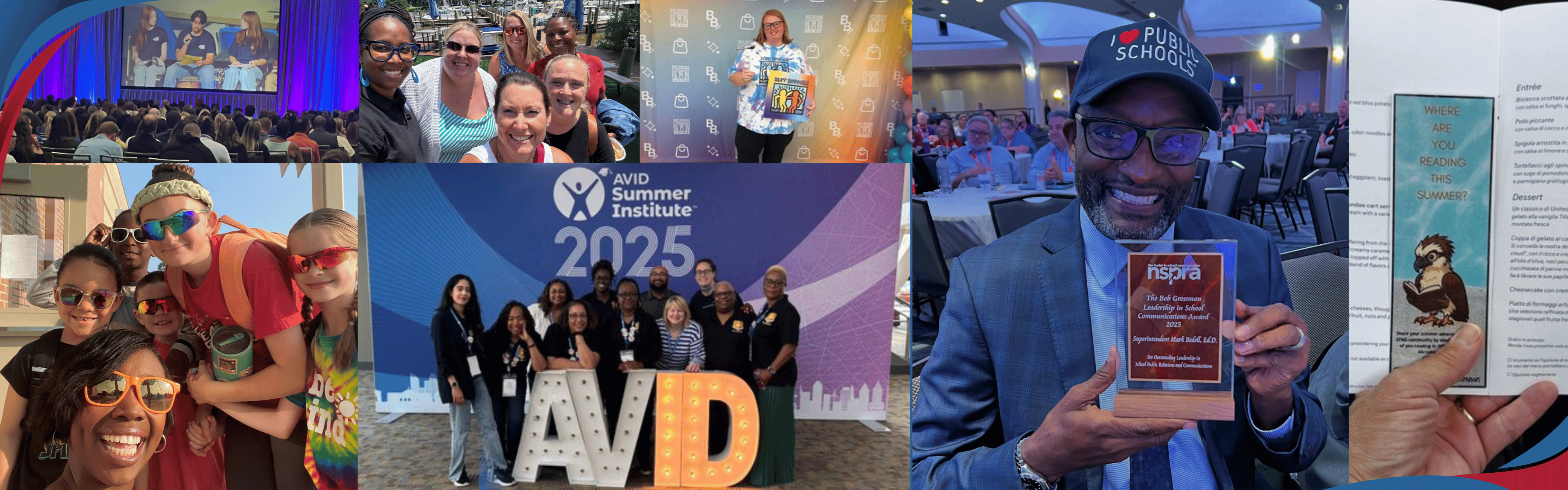 Collection of pictures of students and staff participating in professional development opportunities over the summer and staff preparing for Back to School.  