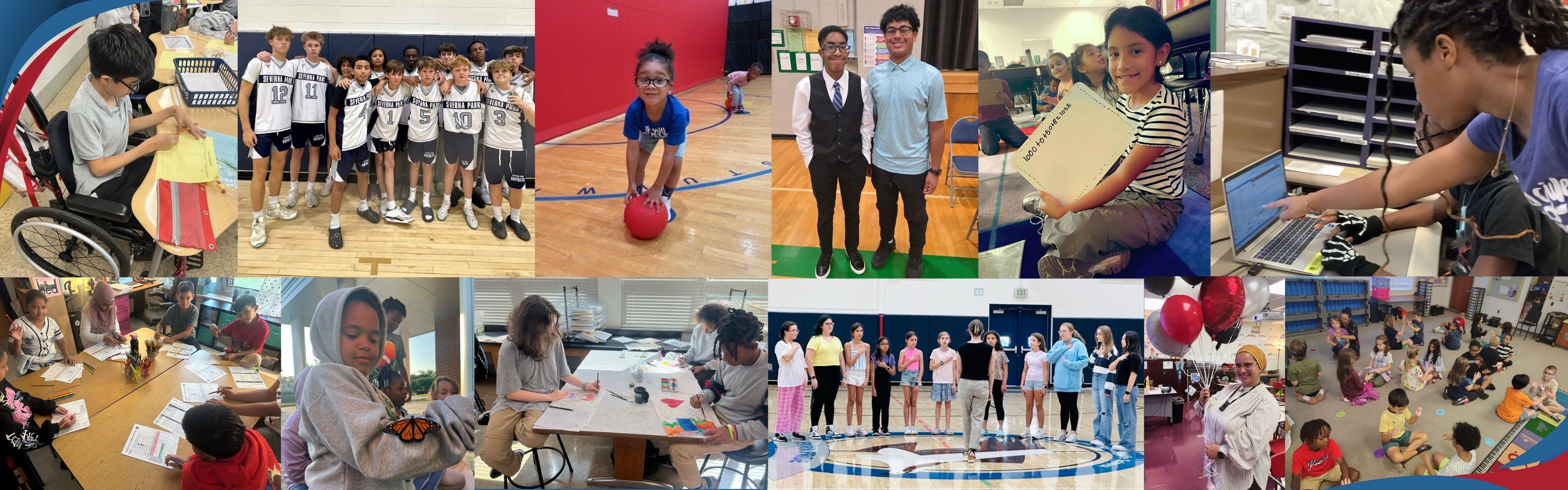 Collection of pictures of students and staff actively engaged in learning and celebrating their success this school year.  Featured pictures: students in class, middle school basketball, pe class, monarch butterflies, chorus, students using technology.  