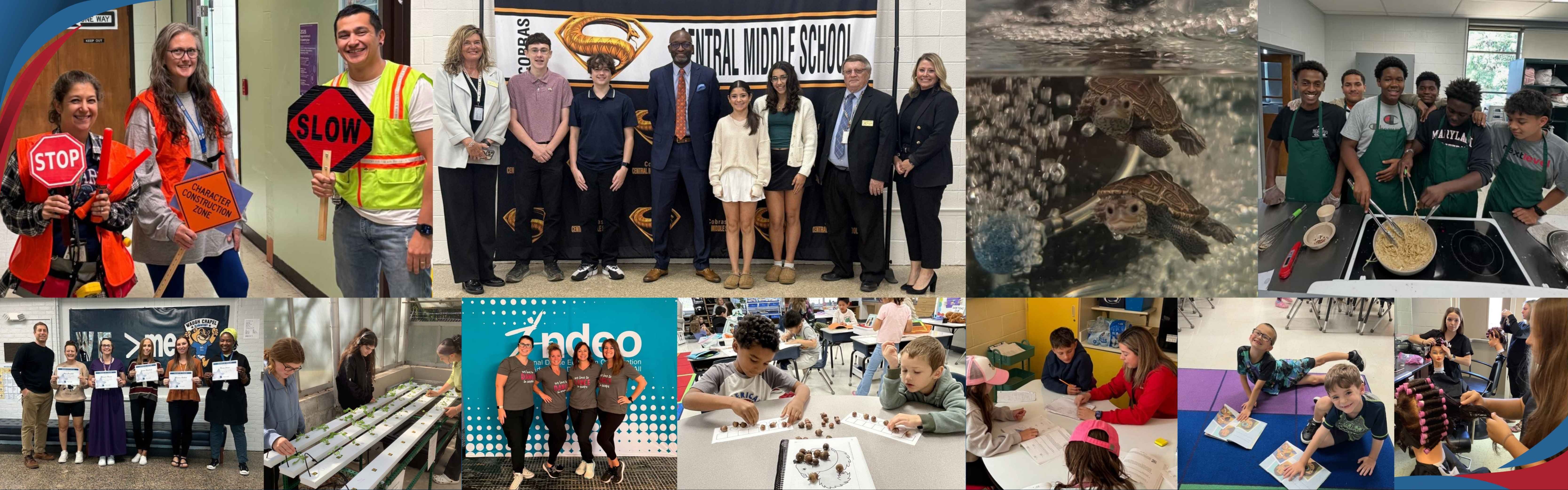 Collection of pictures of students and staff actively engaged in learning and celebrating their success this school year. Featured pictures: Dr. Bedell at Central Middle, Terapians in the classroom, creative fall counting, Cat-N cosmetology, FACS students cooking, and an agriculture project.
