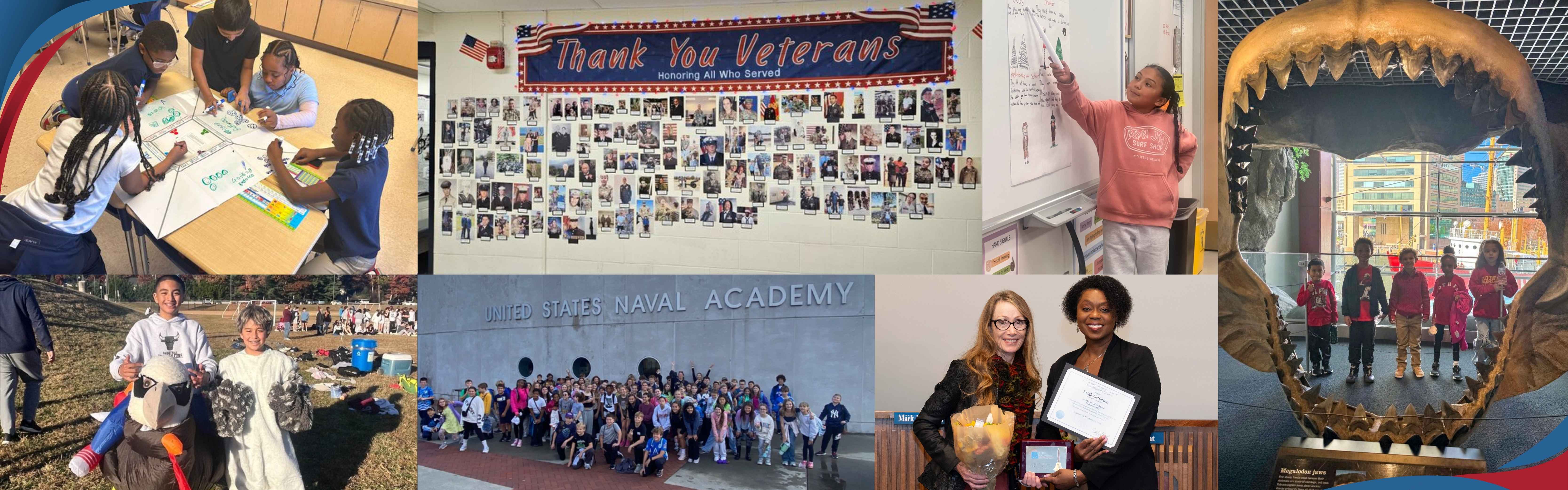 Collection of pictures of students and staff actively engaged in learning and celebrating their success this school year. Featured pictures: field trip to the US Naval Academy, Field trip to the National Aquarium, Student giving a presentation for class, Thank you Veterans display, students working on a group project, employee board recognition, and students dressed as turkeys at their Turkey Bowl run.