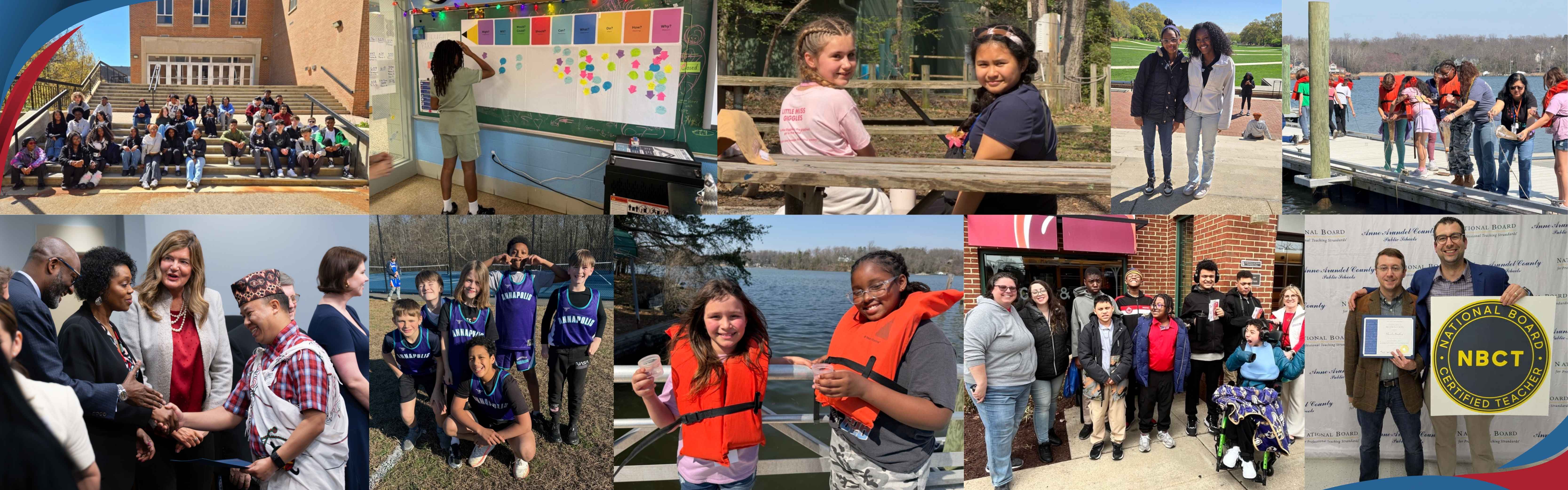 A collection of pictures of students and staff actively engaged in learning and celebrating their success this school year. Featured pictures: AVID 6th–8th graders tour UMD, 2026 International Parent & Community Leadership Academy grads, 4th grade Arlington Echo field trip, ACC Community-Based Instruction field trip, Annapolis MS Cross Country team, National Board Certification pinning ceremony, and 7th grade science students vocabulary lesson.