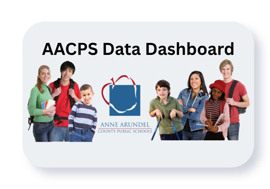 AACPS Data Dashboard link - Group of students of different school ages and the apple logo for Anne Arundel County Public Schools
