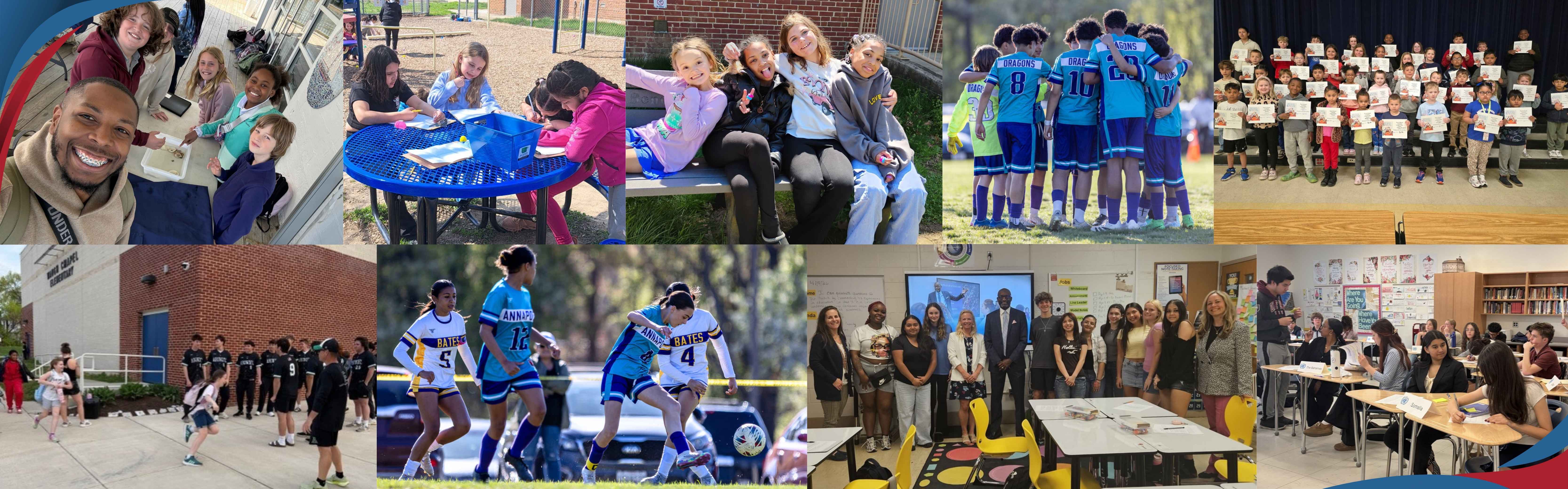 A collection of pictures of students and staff actively engaged in learning and celebrating their success this school year.  Featured pictures: Middle School Soccer, Maritime Museum field trip, Perfect attendance celebration, outdoor learning, Model UN, Arundel sports visits Waugh Chapel, PYP celebration, and Dr. Mark Bedell  visit to the Center of Applied Technology South’s Teacher Academy