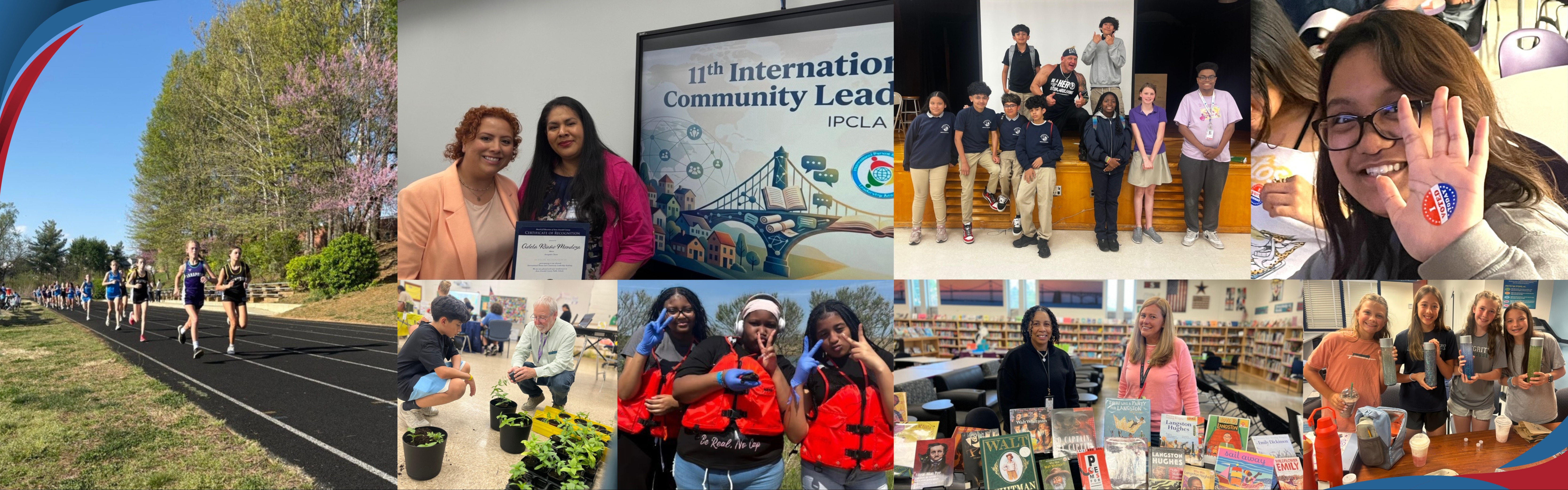 A collection of pictures of students and staff actively engaged in learning and celebrating their success this school year.  Featured pictures: IPCLA Ceremony, Terrapin Club, Middle School cross-country, glitter bottle making, Earth Day, anti-bullying assembly, Student Member of the Board elections, and school library month.