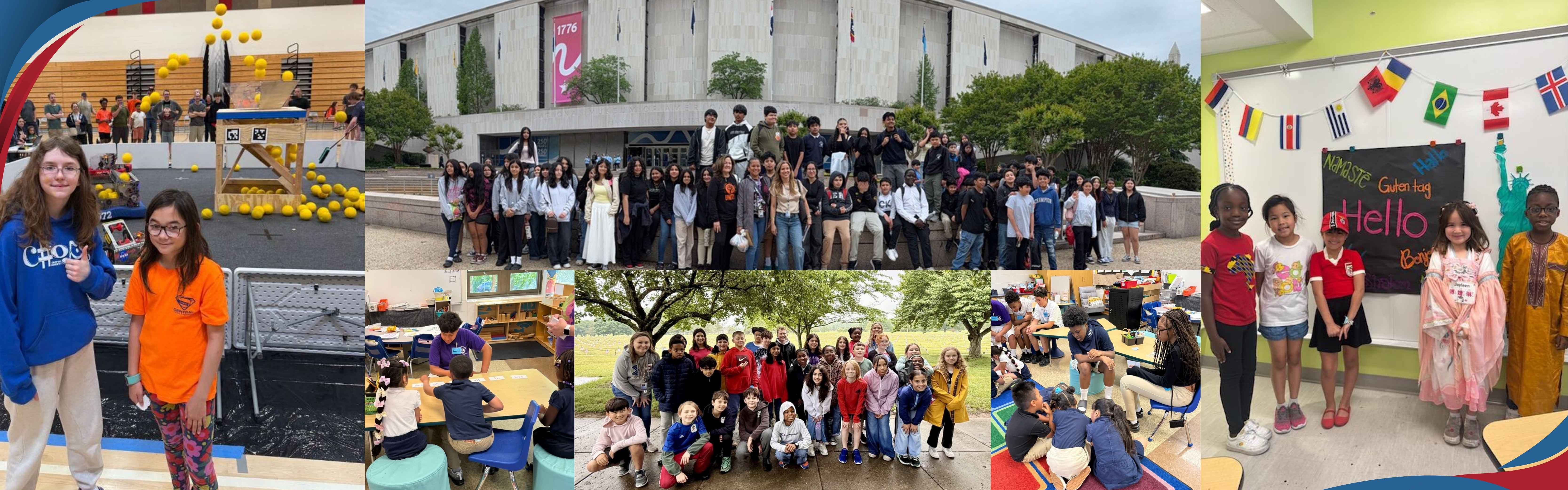 A collection of pictures of students and staff actively engaged in learning and celebrating their success this school year. Featured pictures: National Museum of American History trip, Robotics Expo, Cultural Day, Annapolis MS reading to Eastport ES, and trip to Maryland Veterans Cemetery.