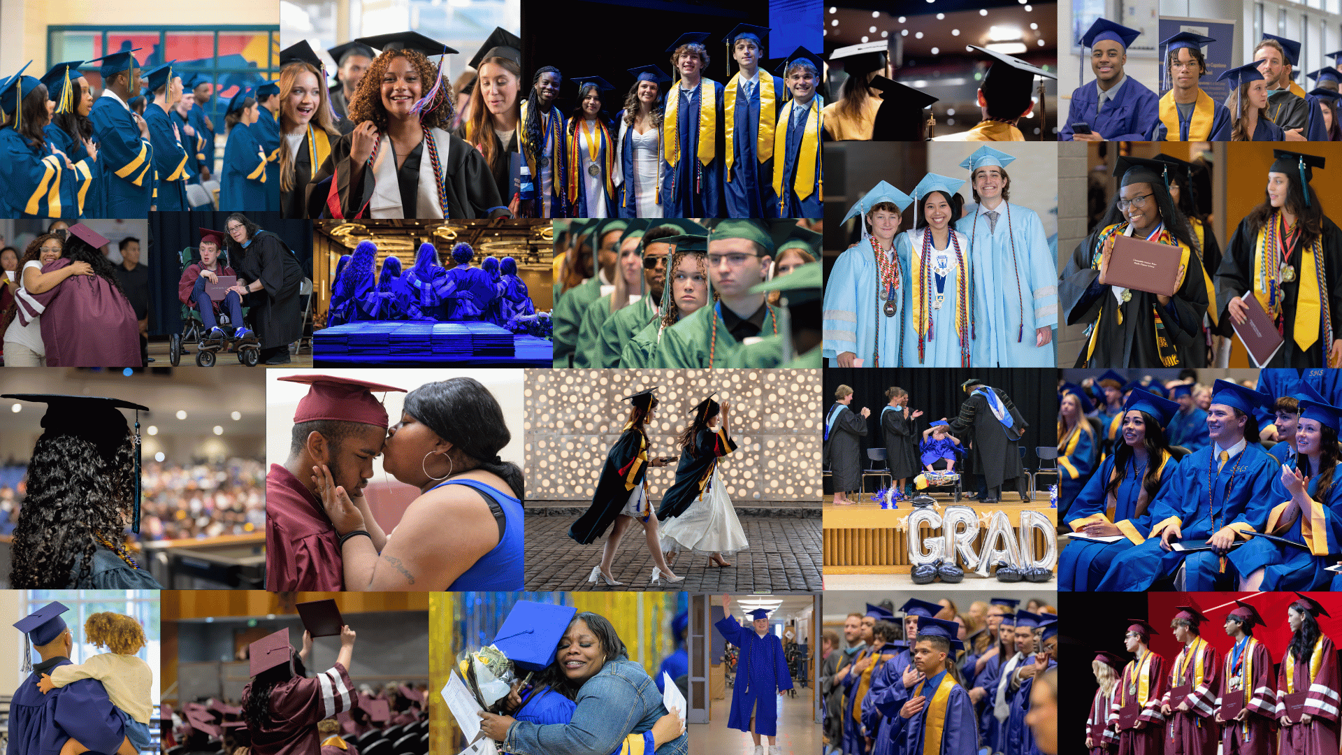 Collage of multiple photos showing people in graduation attire at a graduation ceremony.