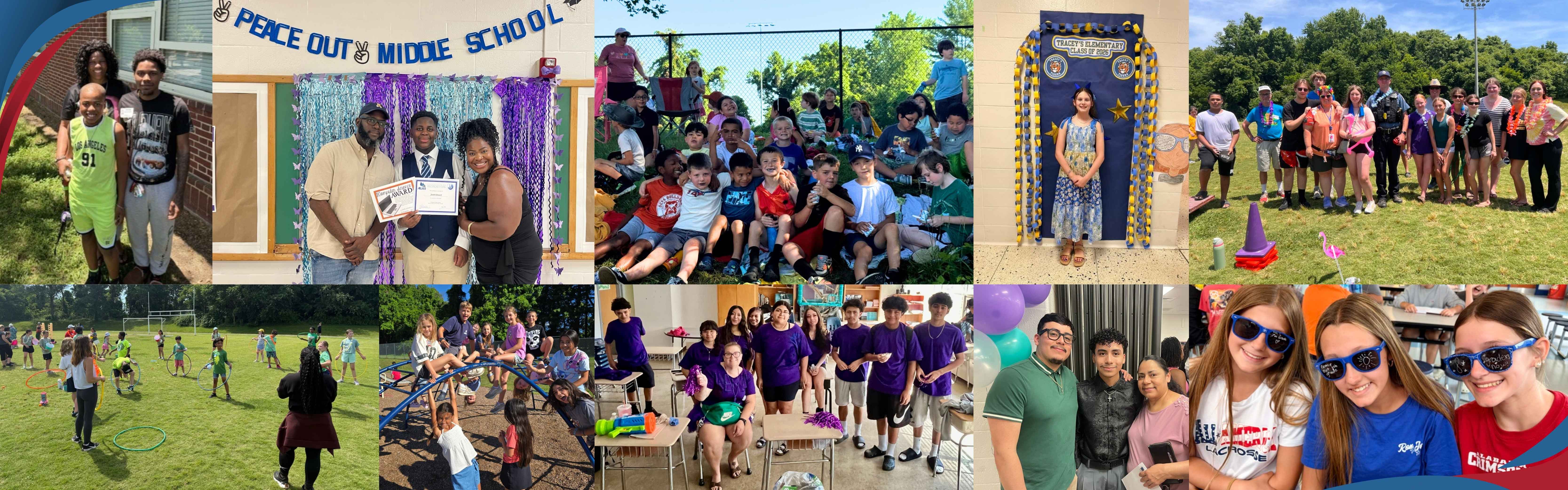 A collection of pictures of students and staff actively engaged in learning and celebrating their success this school year. Featured pictures: kickball game, 5th grade promotion, Field day, class picnic, 8th grade promotion, end of school year, and attendance celebration.