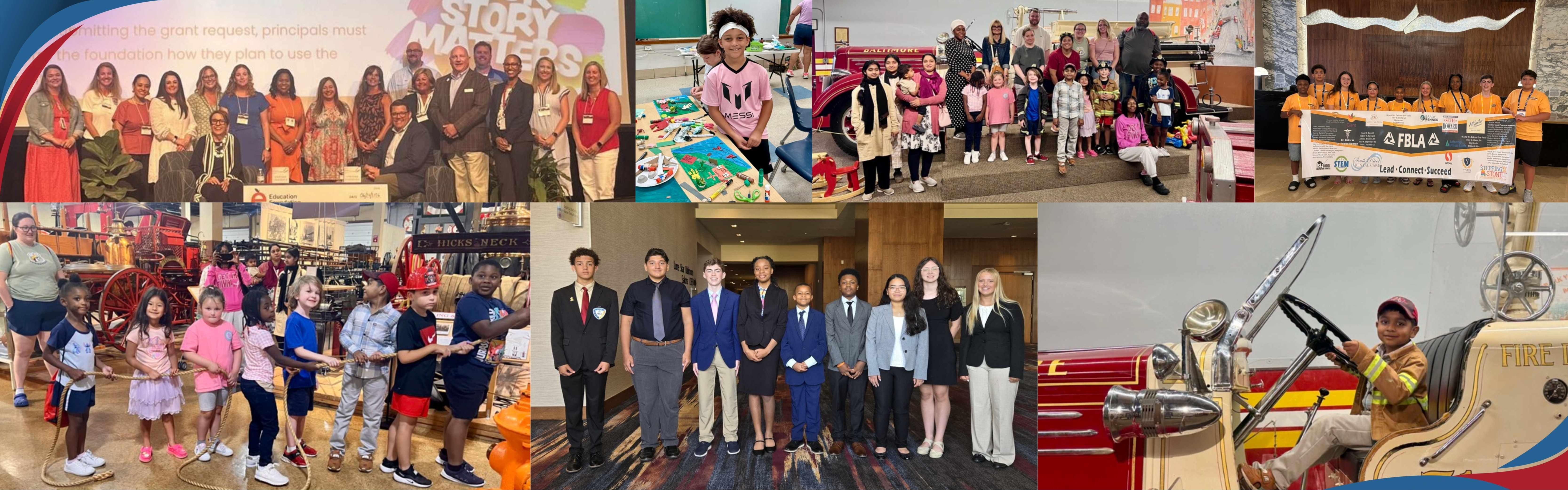 A collection of pictures of students and staff actively engaged in learning and celebrating their success this school year. Featured pictures: FBLA National Leadership Conference, Fire Museum trip, and Division of Instruction and School Performance Conference.