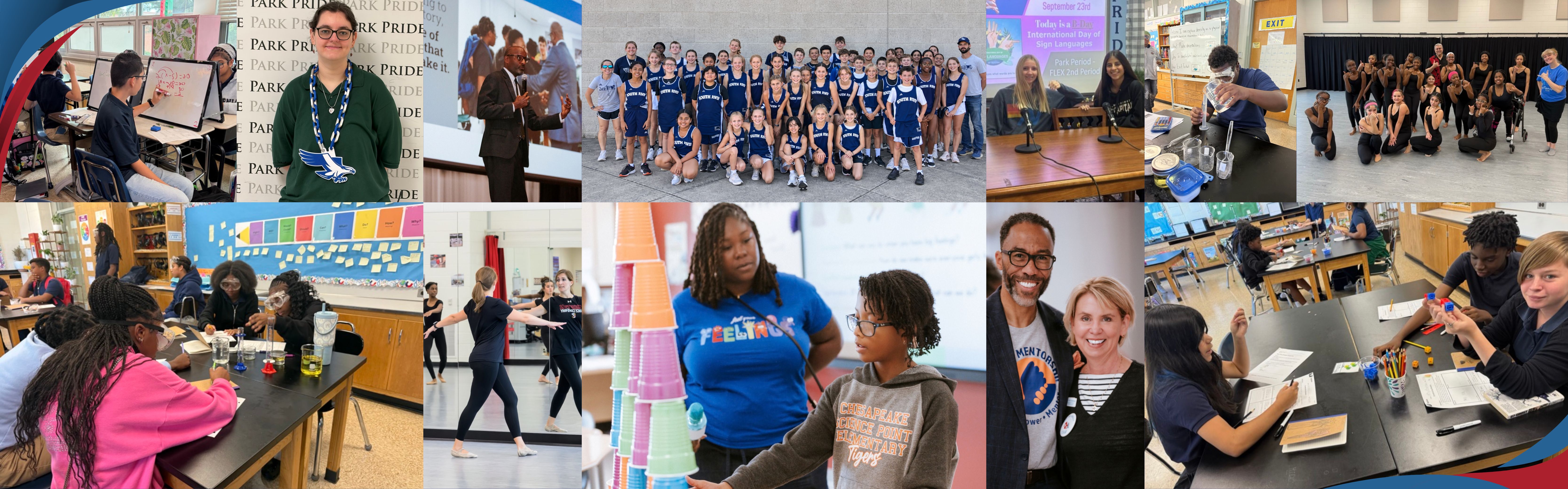 A collection of pictures of students and staff actively engaged in learning and celebrating their success this school year. Featured pictures: 8th-grade science experiments, math whiteboard work, track & field student-athletes, school technology support professional, MacArthur dance team, Mentoring Services, Rachel Morrissey, and Morning Announcements.