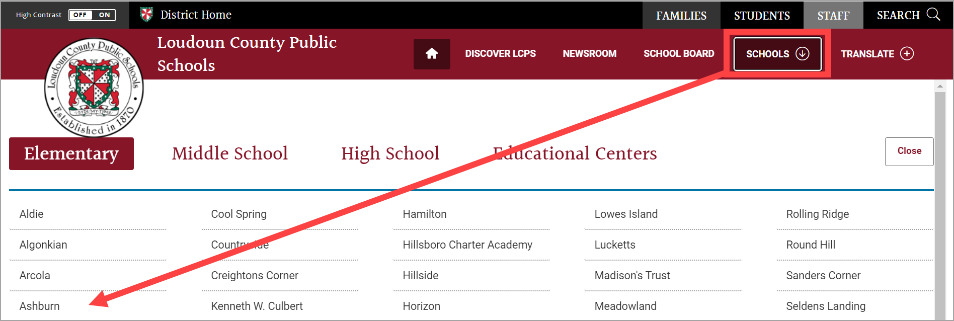  Go to the LCPS home page (https://www.lcps.org). Select your child's school from the Schools menu.