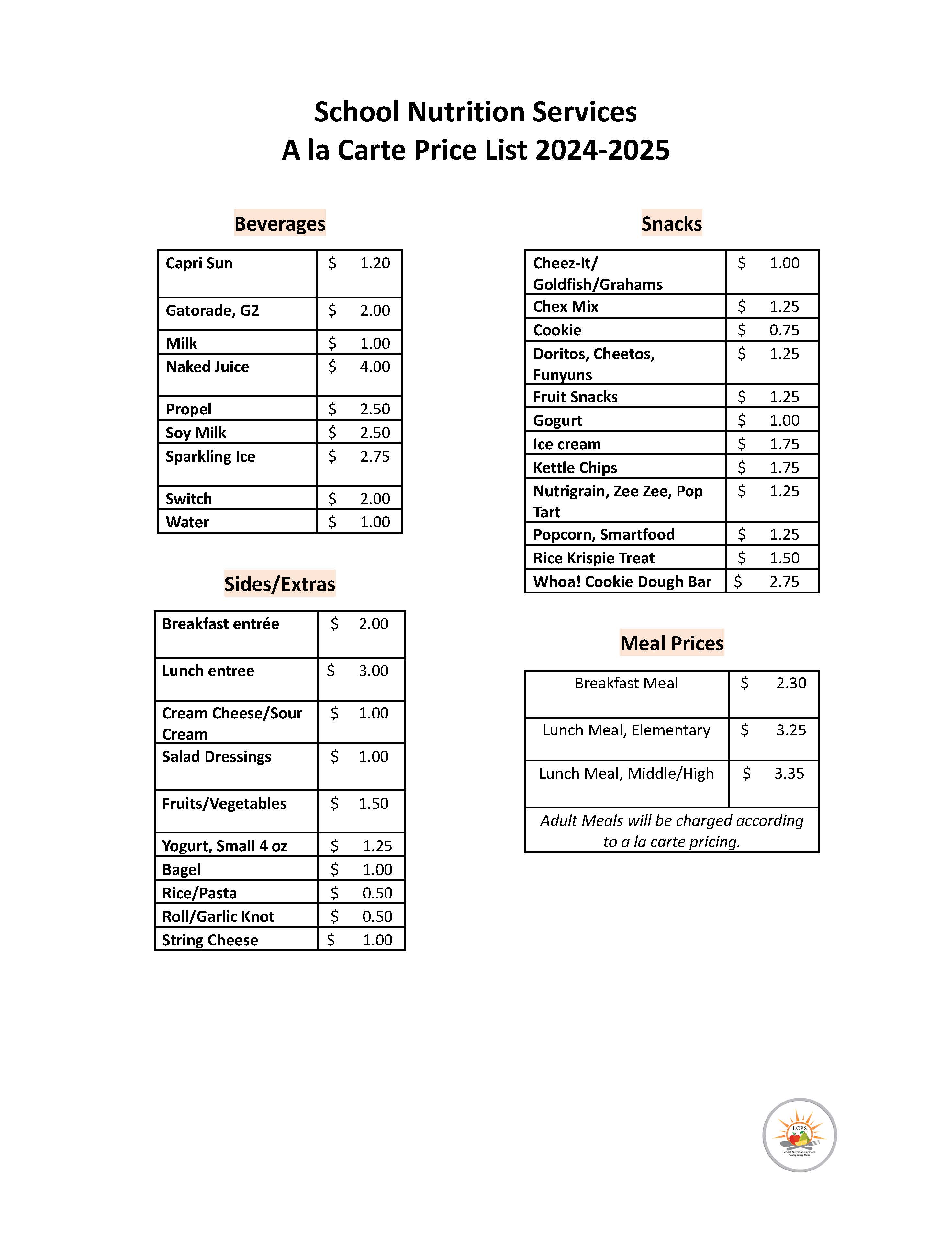 School year 24-25 a la carte and meal pricing structure