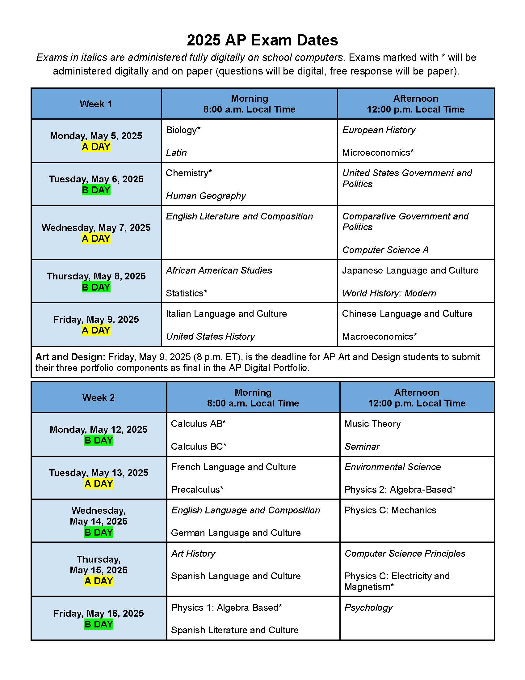 2025 Exam Schedule