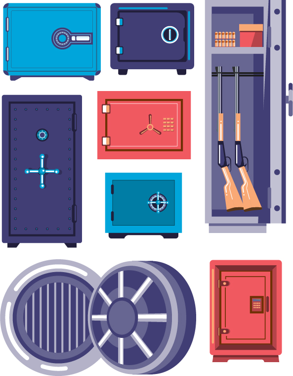 An illustration of various secure gun safes and cabinets, highlighting different safe storage solutions for firearms, including a cabinet with rifles and ammunition.