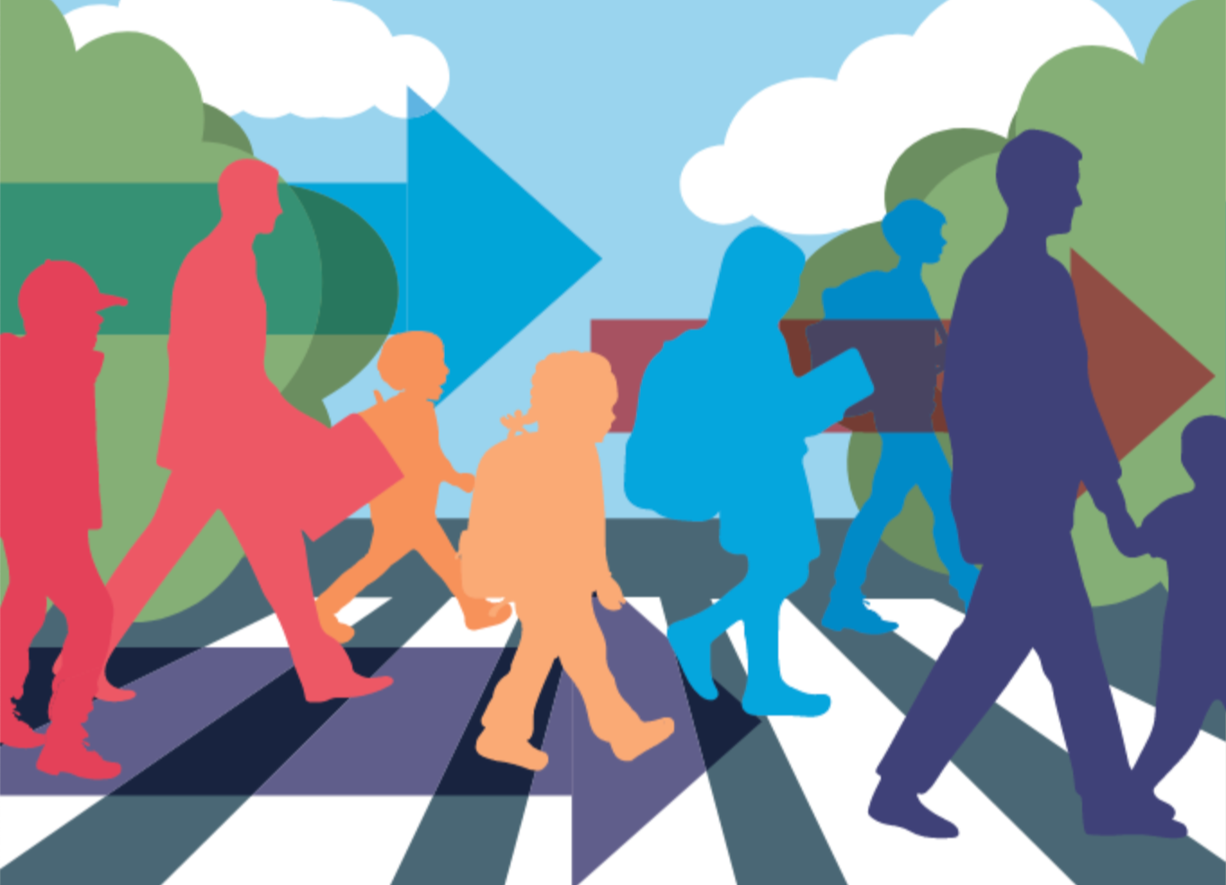 colorful graphic of silhouetted people crossing the street