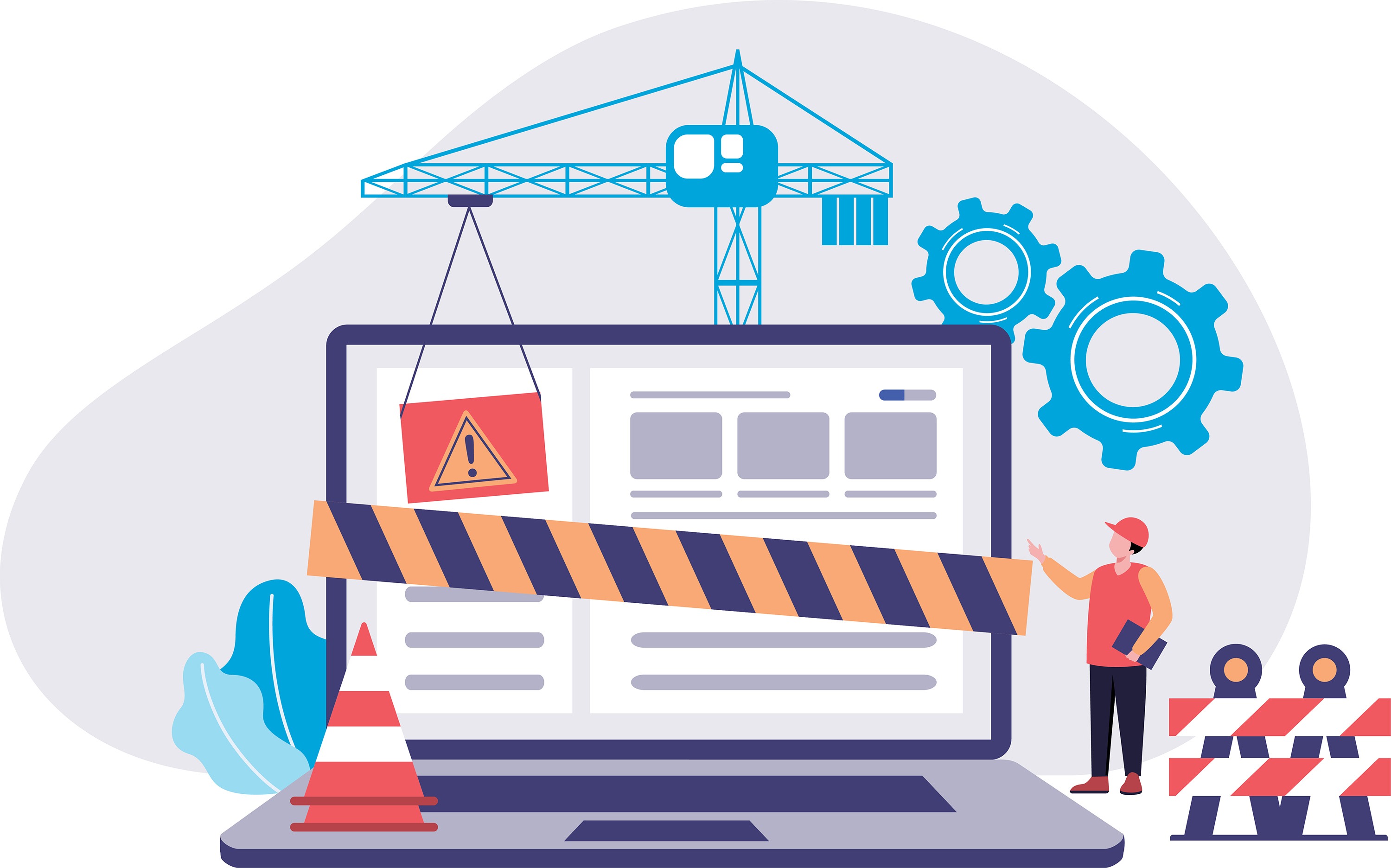 Illustration of a webpage under construction with a laptop, caution tape, crane, gears, and a construction worker in LCPS brand colors.