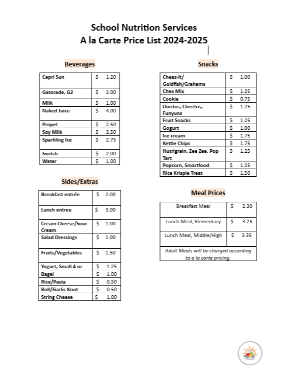 School year 24-25 a la carte and meal pricing structure