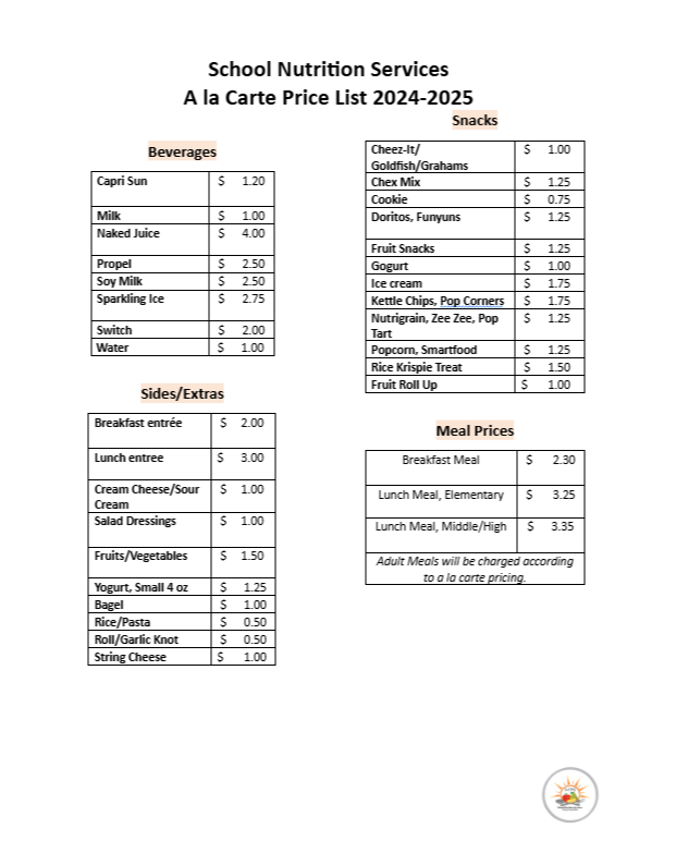School year 24-25 a la carte and meal pricing structure