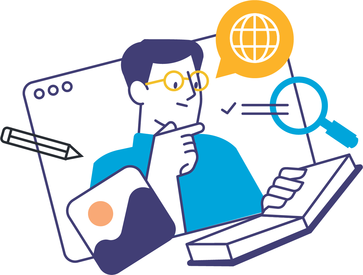 Illustration of a thoughtful person with glasses reading a book, surrounded by icons like a magnifying glass, globe, pencil, and checklist—representing research, planning, and preparing for next steps. Used to support the Ready, Set, Transition workshop on student transition planning.
