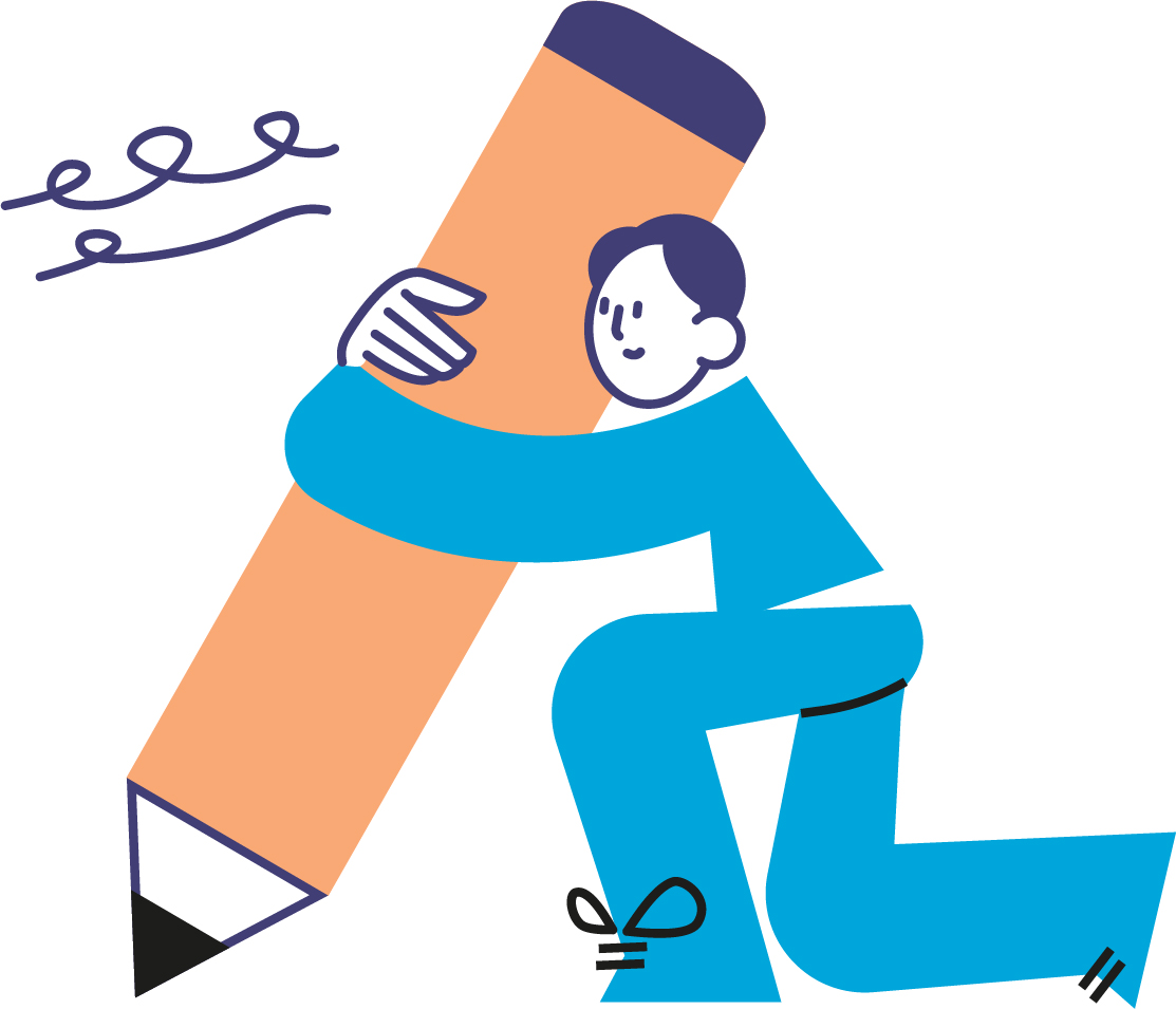 Illustration of a young child hugging an oversized pencil, symbolizing early learning, support, and readiness for school. Used for the Kindergarten Connection workshop focused on transitioning from Early Childhood Special Education to Kindergarten with an IEP.