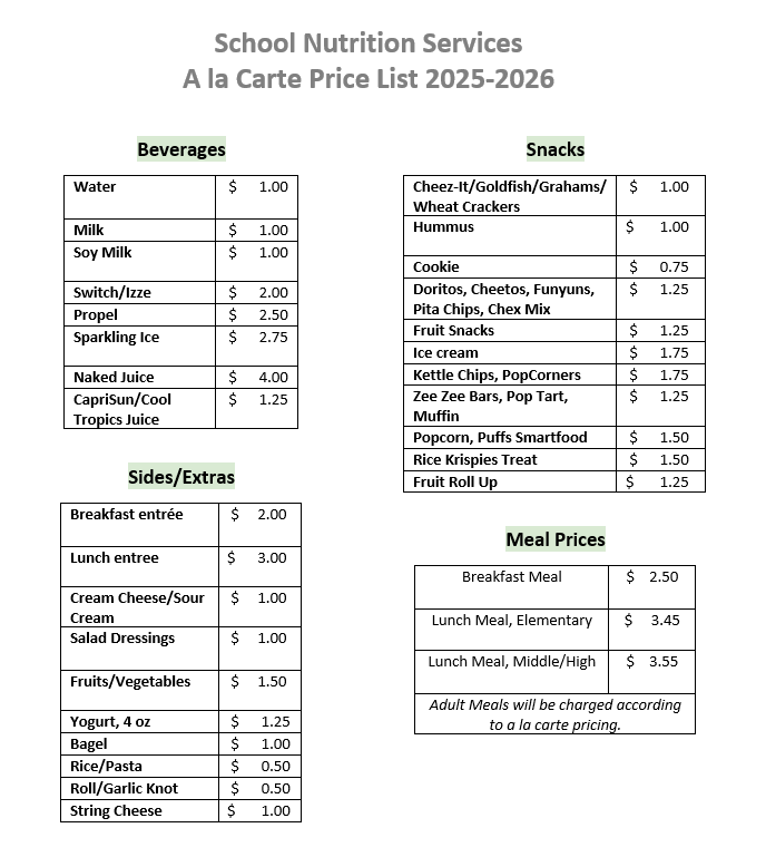 A la carte pricing for school year 2025-2026