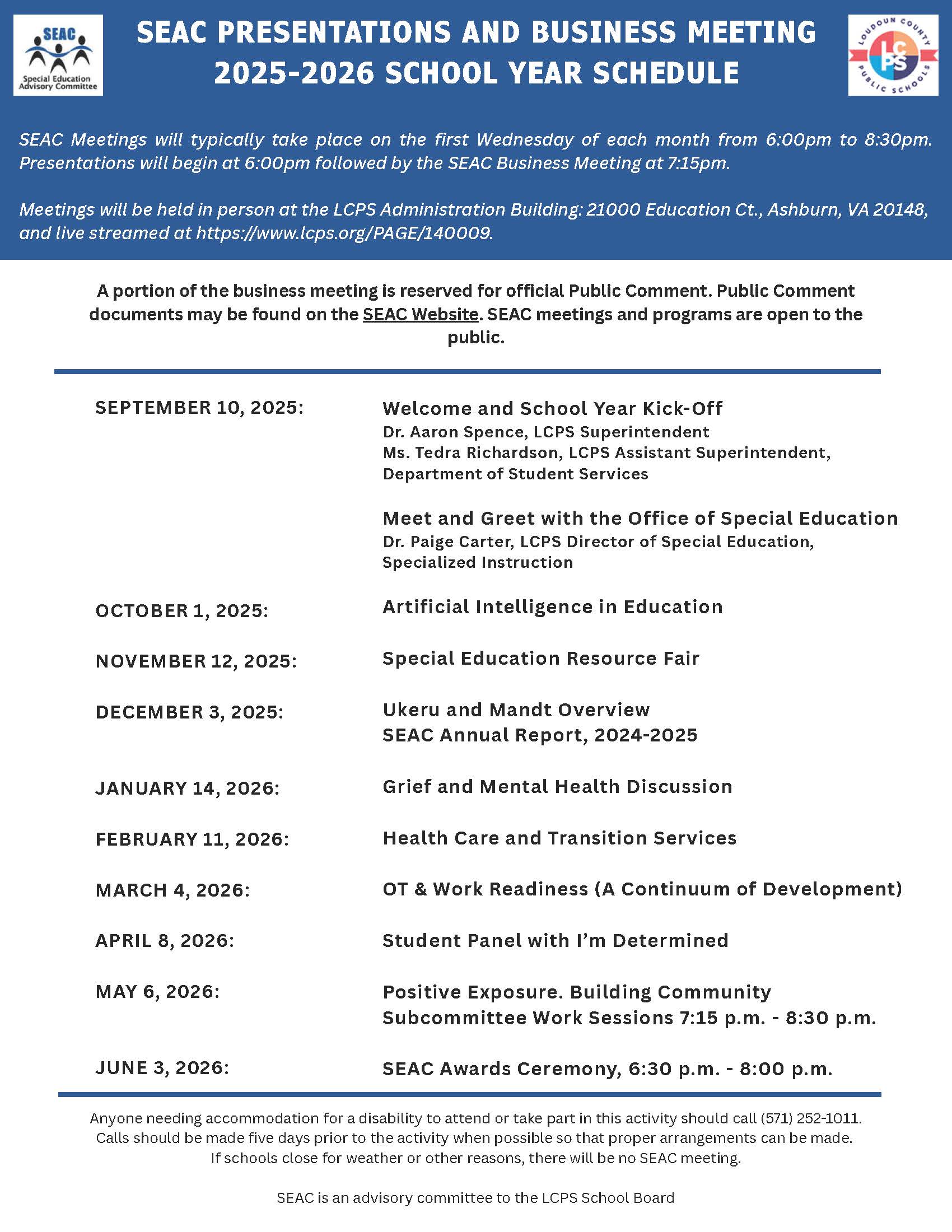 SEAC Meeting Schedule for 2025-26