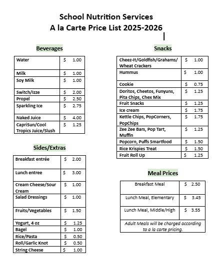 A la carte pricing for school year 2025-2026