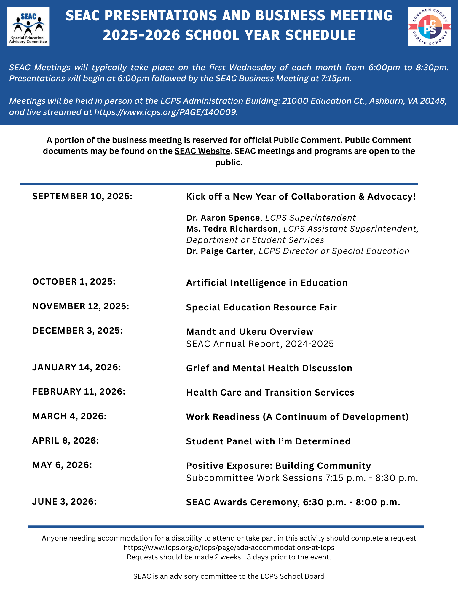 SEAC Meeting Schedule for 2025-26