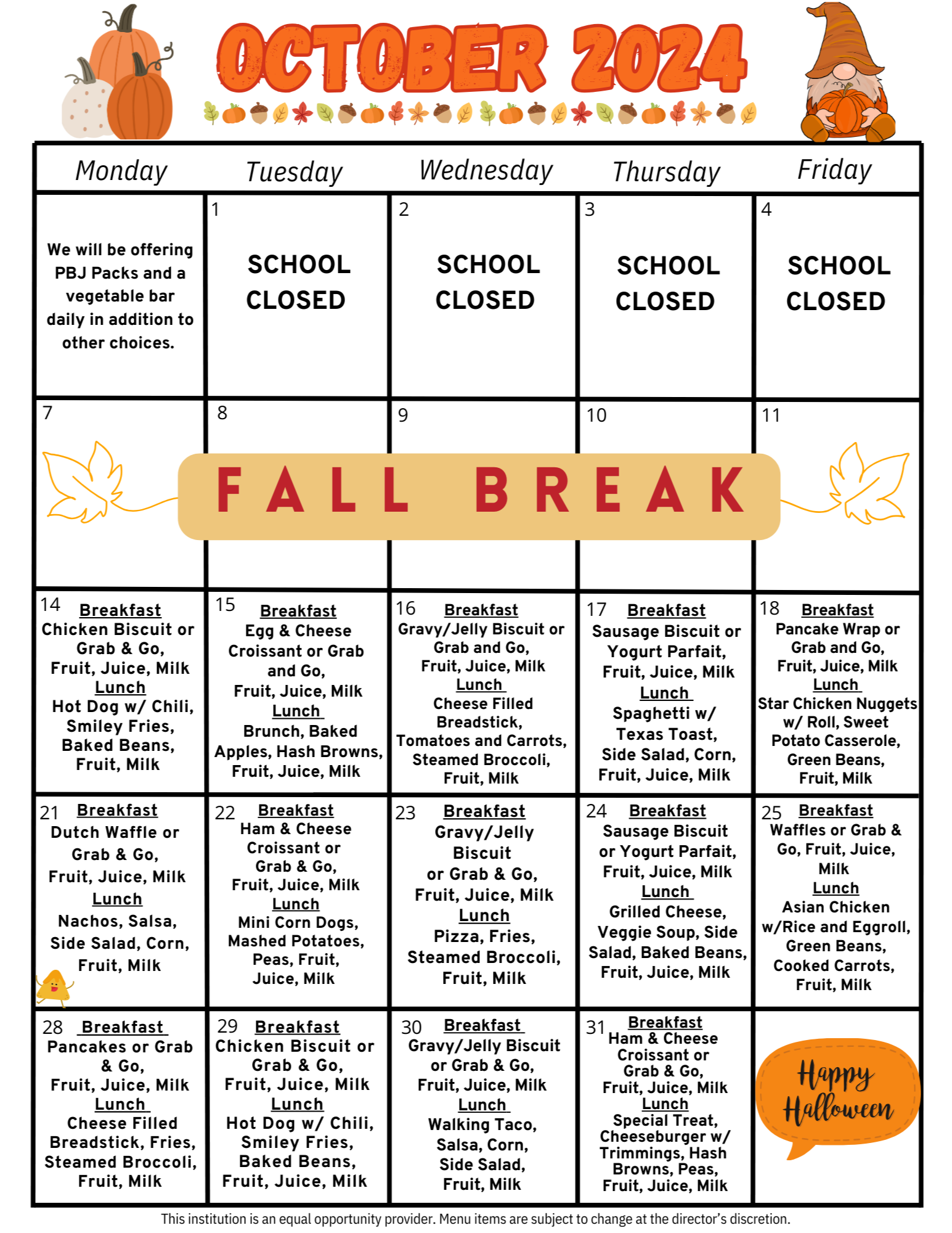 October  Lunch Calendar