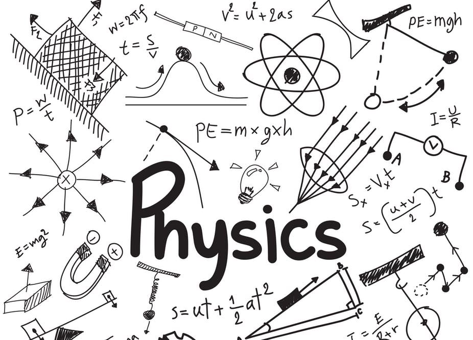 the word "physics" surrounded by things related to it, like magnets and atoms.