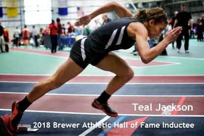 teal jackson 2018 hof inductee running through the finish line 