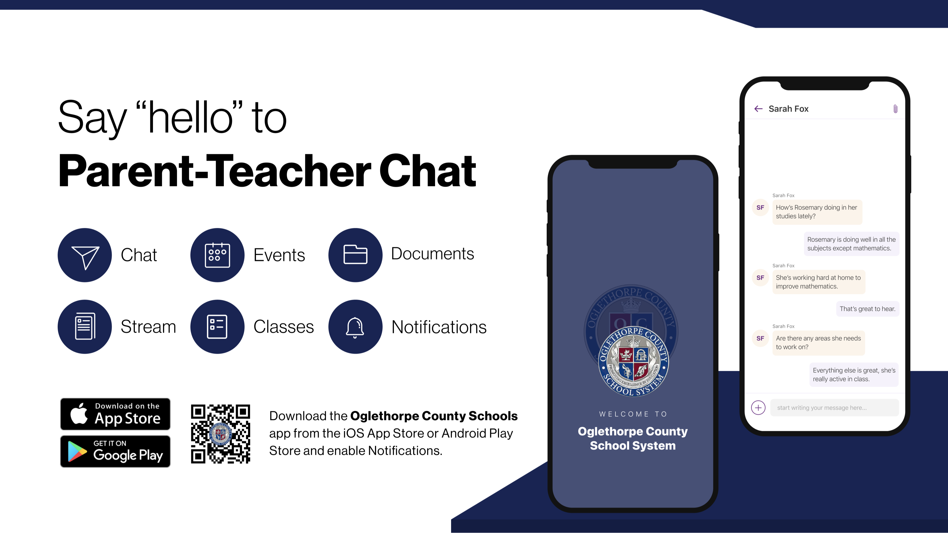 Say hello to Parent-Teacher chat in the new Rooms app. Download the Oglethorpe County School System app in the Google Play or Apple App store