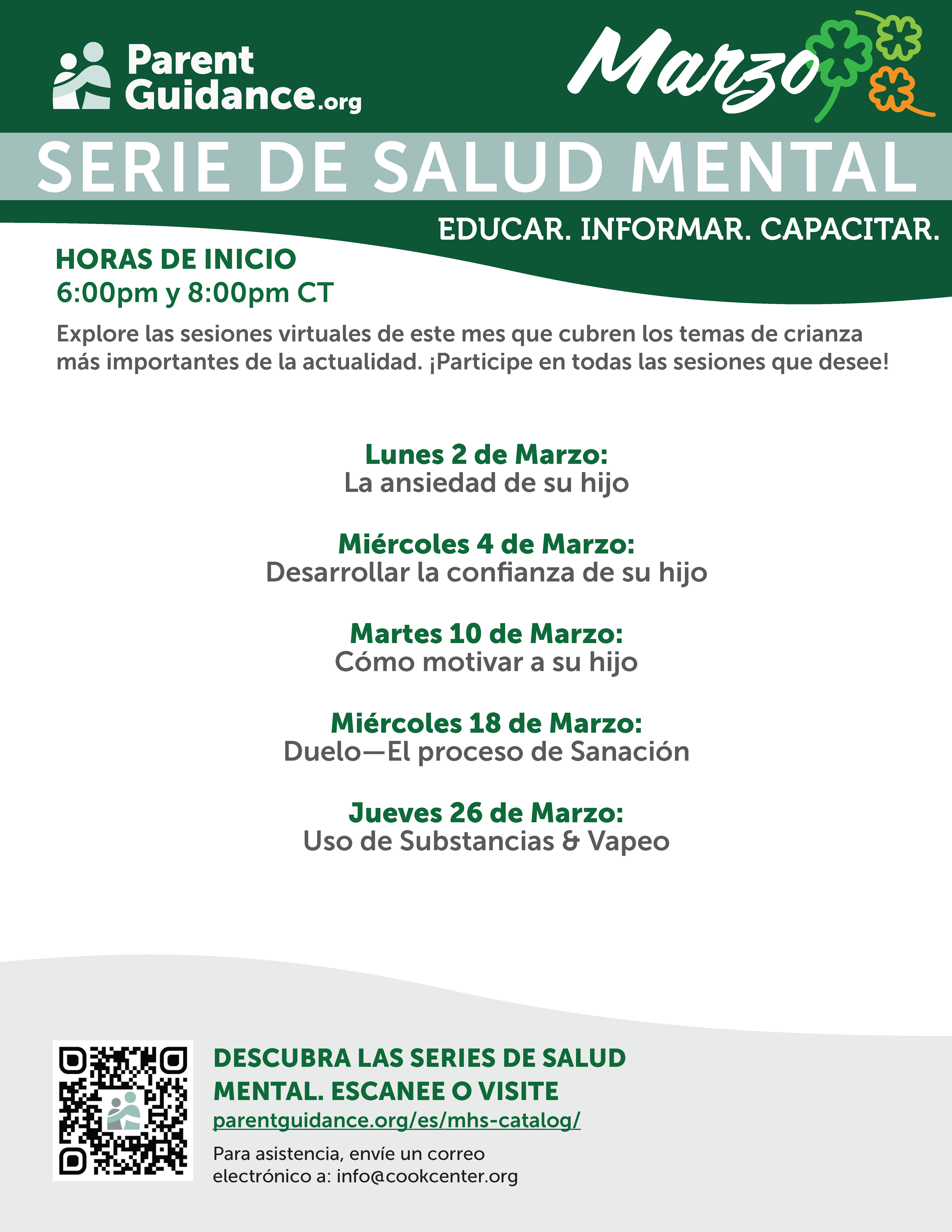 March Mental Health Series Calendar Spanish