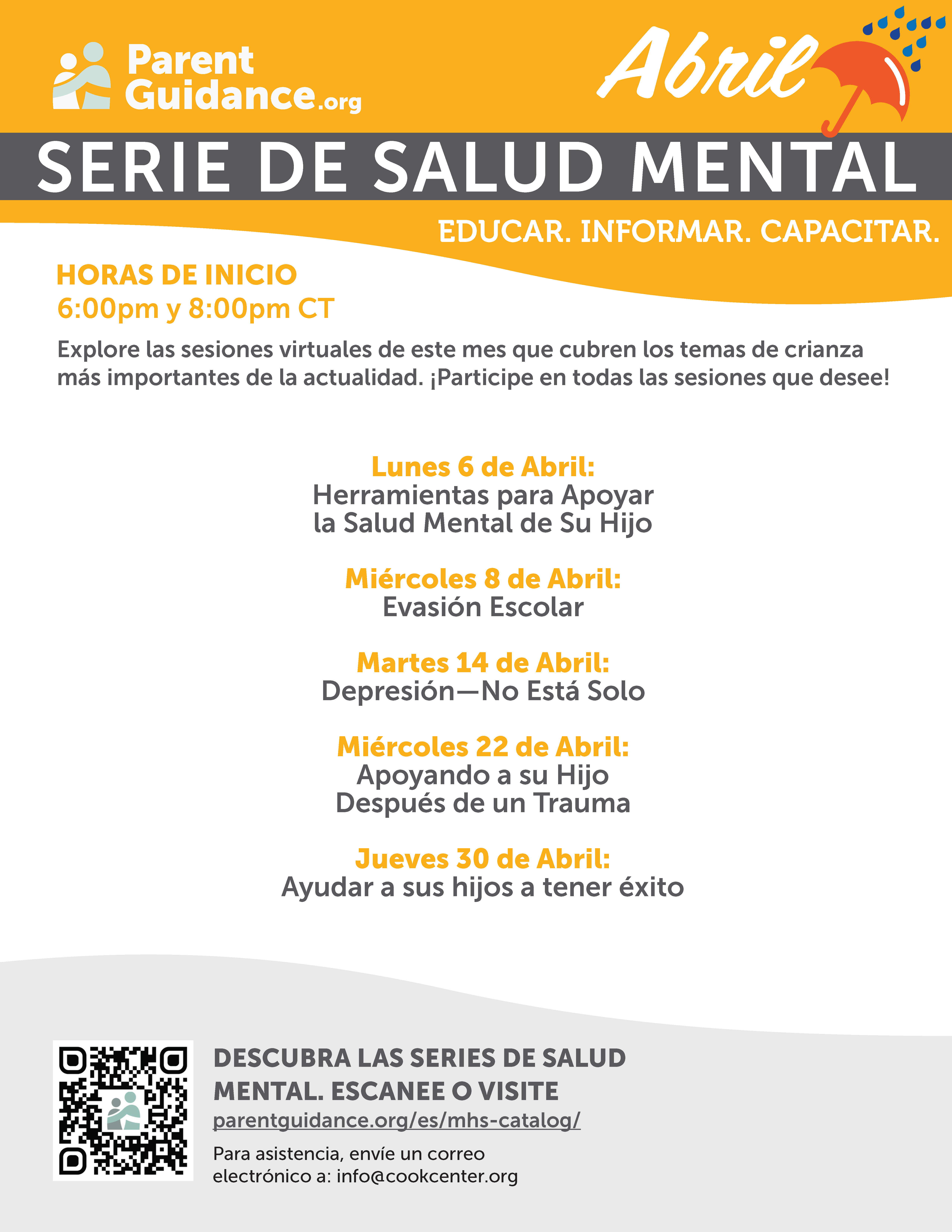 April Mental Health Series Calendar Spanish