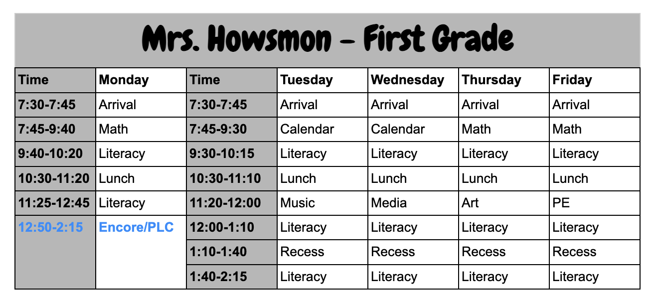 Mrs. Howsmon's Daily Schedule
