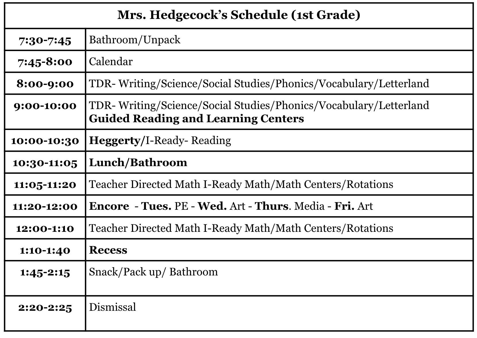 Mrs. Hedgecock's schedule