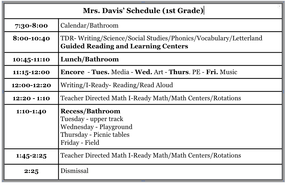 Mrs. Davis' Daily Schedule