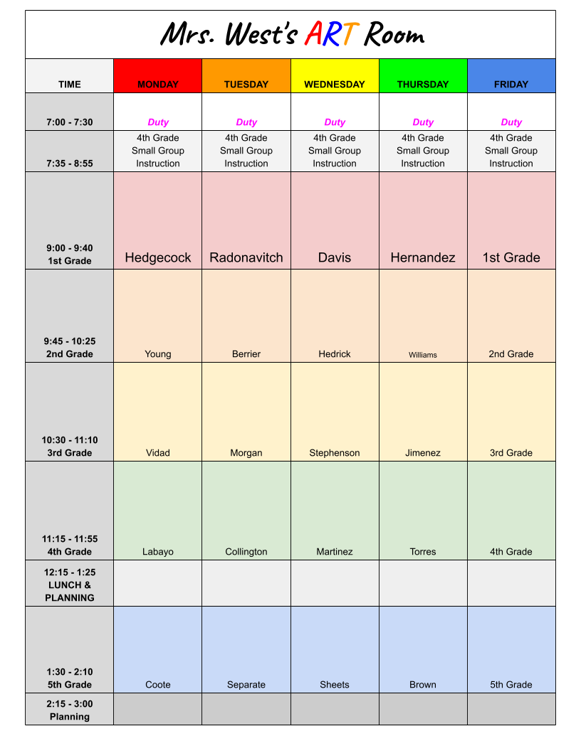 Art Room Schedule 25/26SY
