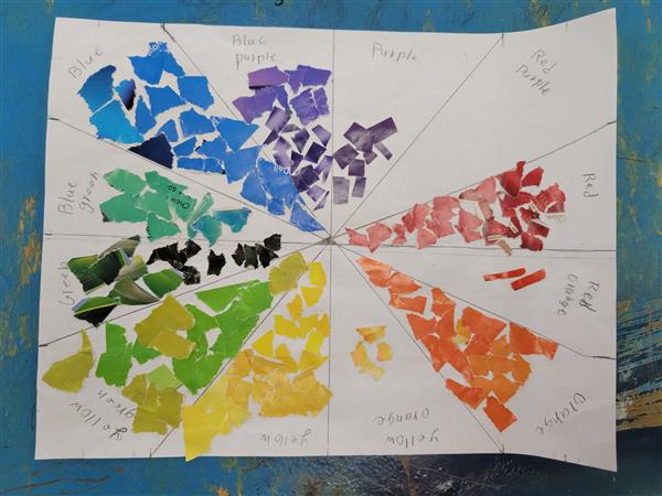 A colorful and vibrant mosaic art piece on a table.