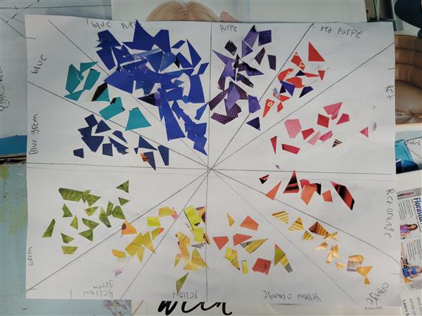 A colorful and vibrant mosaic art piece on a table.
