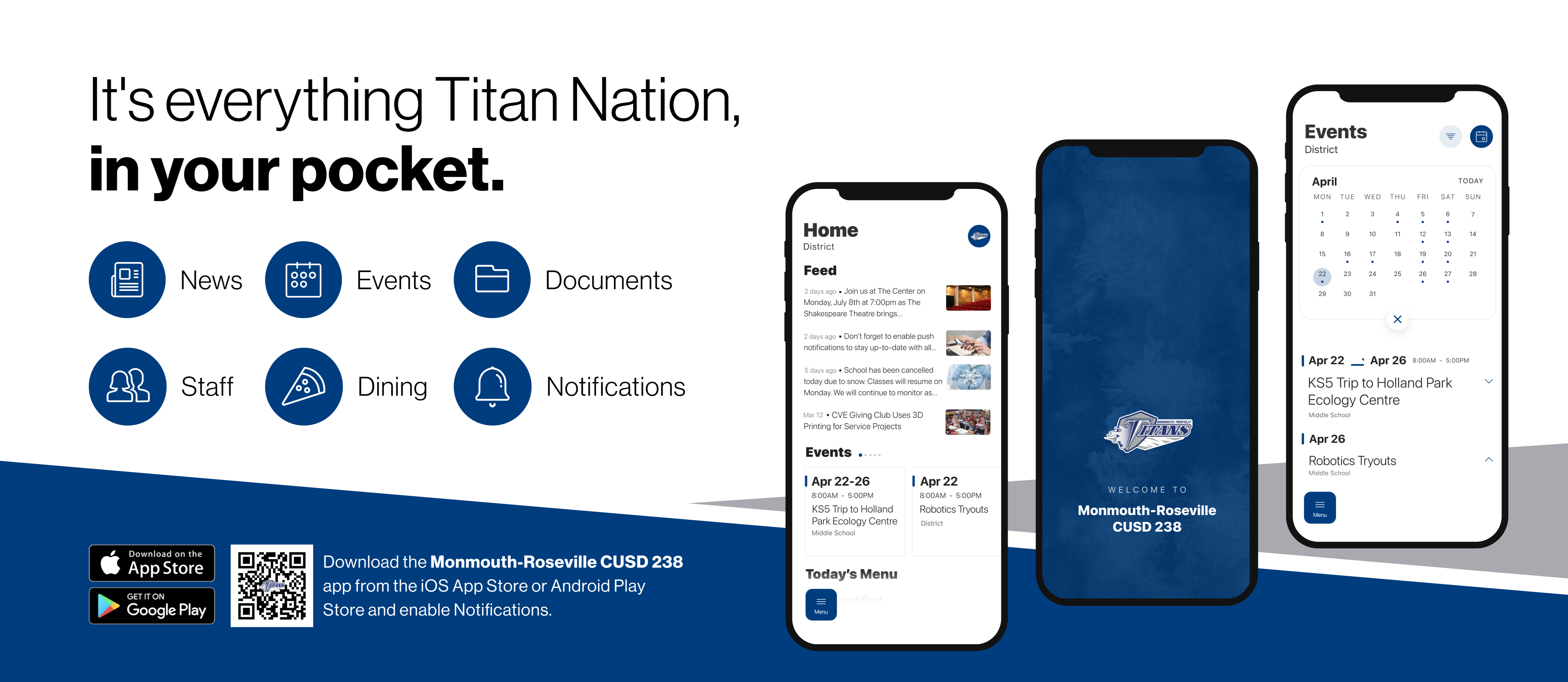 Marketing for new app with qr code: Download the Monmouth-Roseville CUSD 238 app from the iOS App Store or Andriod Play Store and enable notifications