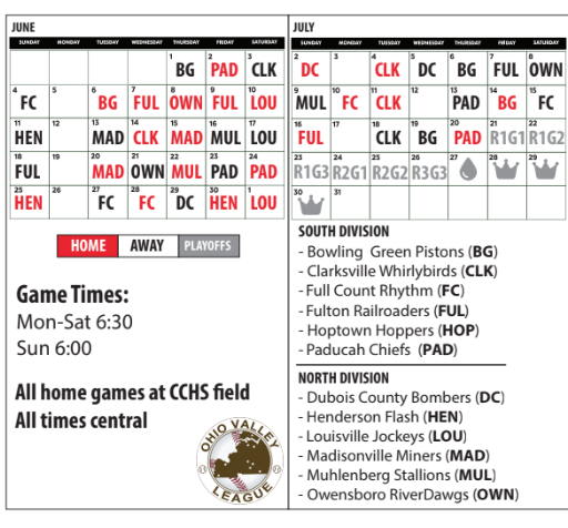 Ohio Valley league game calendar